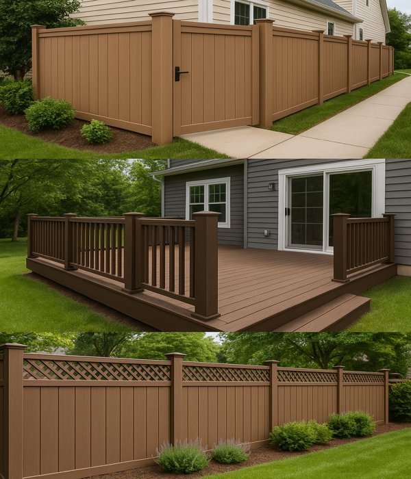 Composite Fence and Deck Material A collage of composite fences and decks