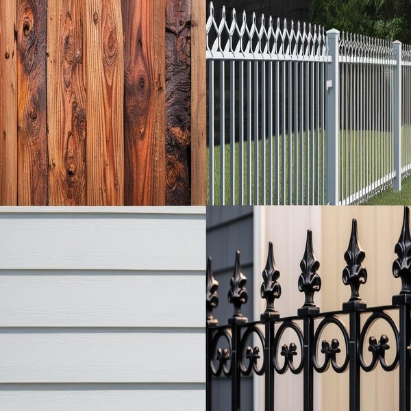 Expert Fence Installation In Battle Ground, Wa. Collage of wood fence, wrought iron fence, vinyl fence, and aluminum fence