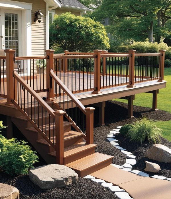 Vinyl Deck Building Battle Ground, Wa. Beautufil custom deck with nice landscaping