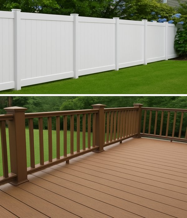 Vinyl Fence and Deck Building Battle Ground, Wa. a collage of a white vinyl fence and brown vinyl deck in Battle Ground, Wa.